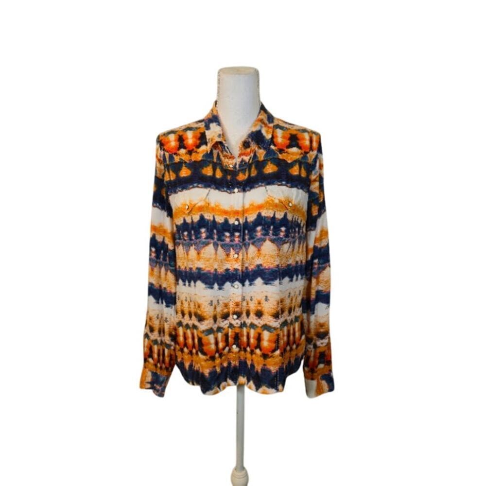 Nine West Vintage America Western Snap Up Top Women Size Medium Blue Rodeo